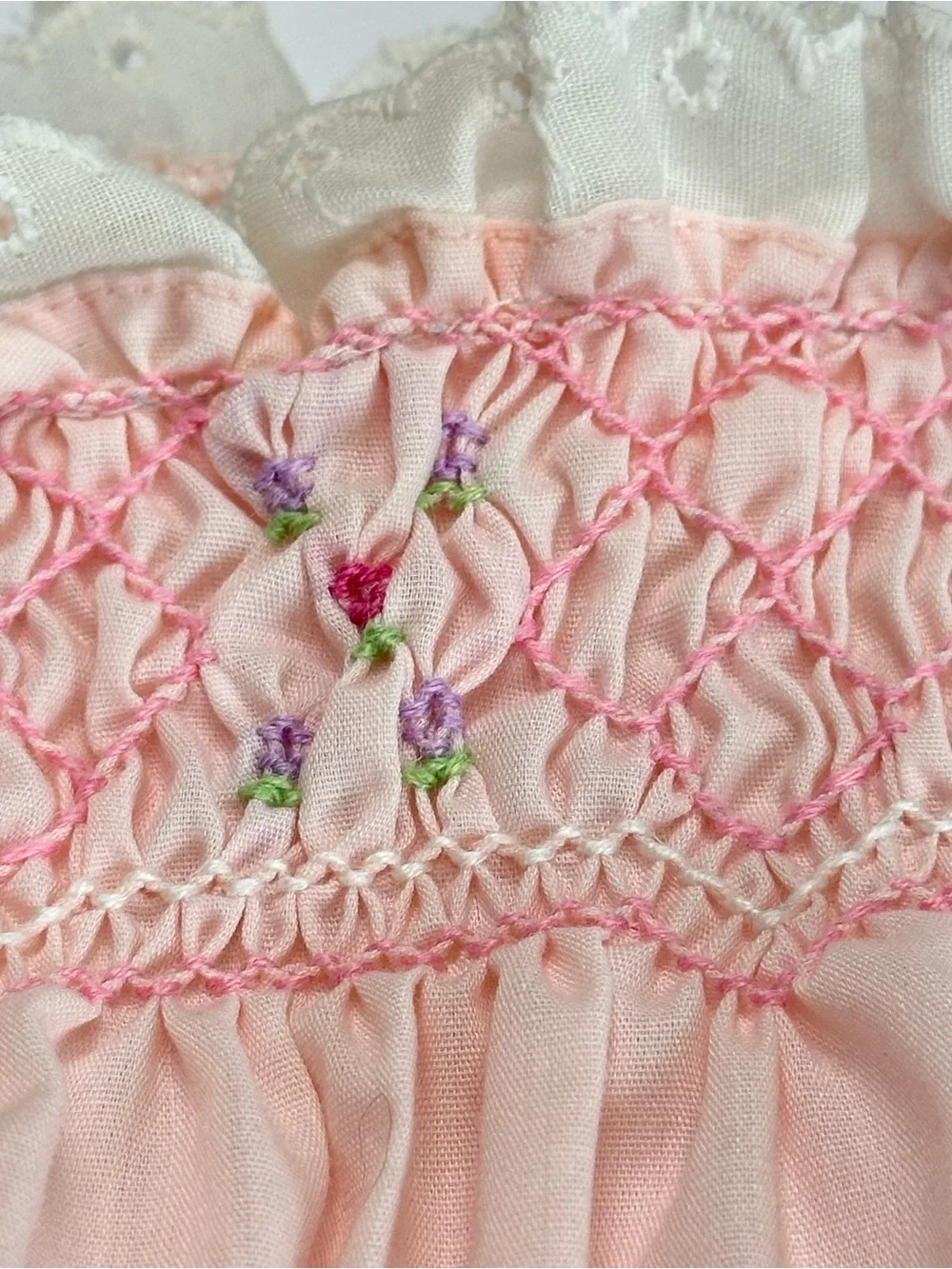 VTG Polly Flinders Girls Lt. Pink Smocked Summer Sundress 24M Lace Shoulder Ties
